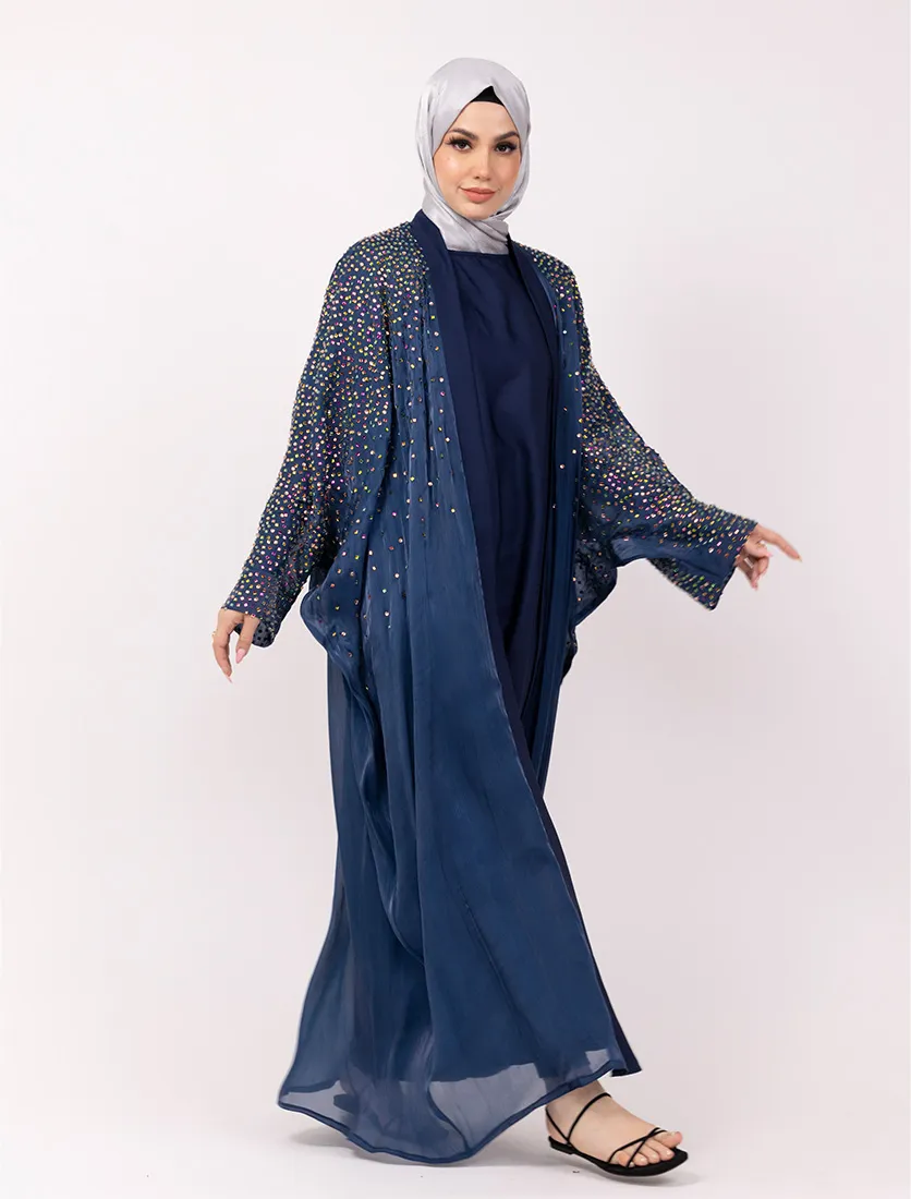 Navy Multi Crystal Embellished Sheer Overlay Abaya